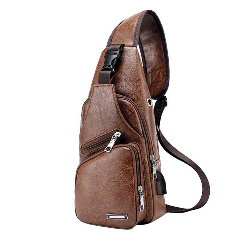 USB data cable charging chest bag casual fashion shoulder bag PU outdoor sports men's bag - Image 9