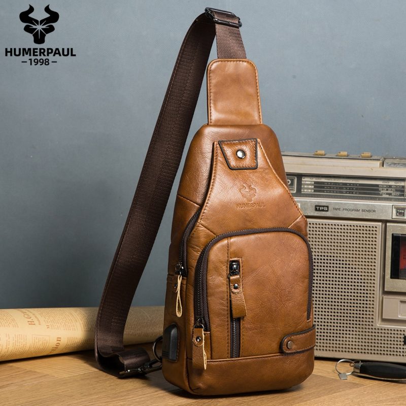 HUMERPAUL Men's Usb Chest Bag 100% Genuine Leather Crossbody Shoulder Bags Multifunction Travel Outdoor Messenger Pack Fashion - Image 9