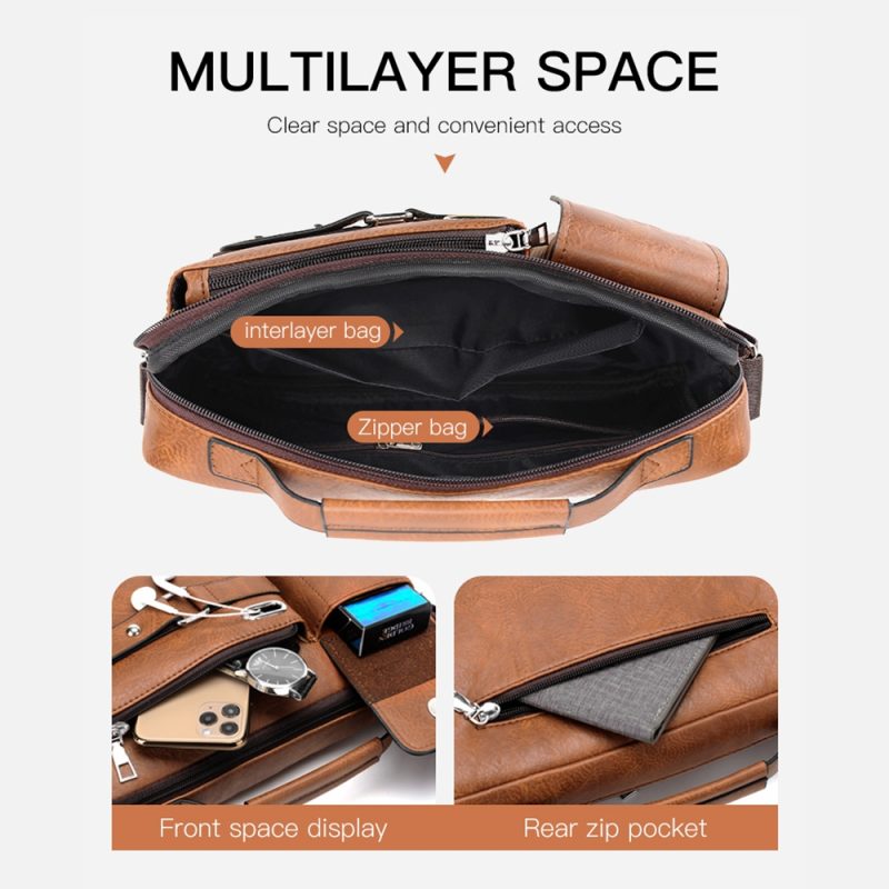 Men Crossbody Business Shoulder Bags Waterproof Vintage Men Handbags Large Capacity PU Leather Bag Man Messenger Bags Tote Bag - Image 5