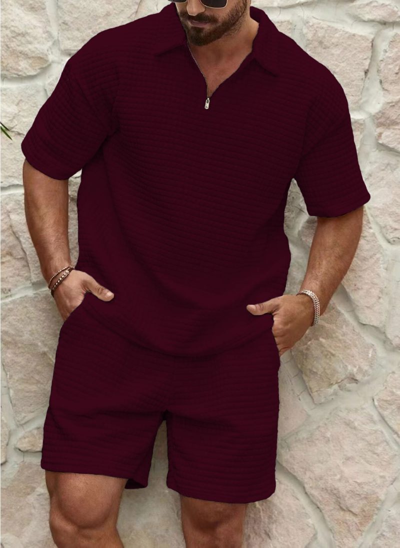 Men's suit Waffle solid color lapel shirt short sleeve shorts Spring and autumn clothes sports casual loose fashion men's wear - Image 4