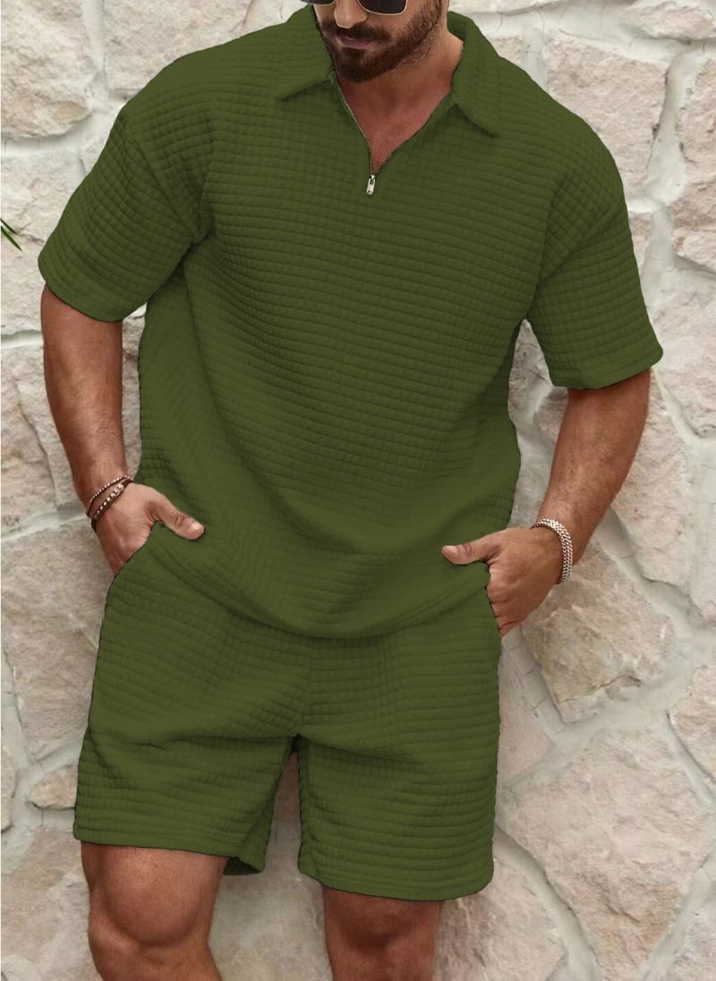 Men's suit Waffle solid color lapel shirt short sleeve shorts Spring and autumn clothes sports casual loose fashion men's wear - Image 5