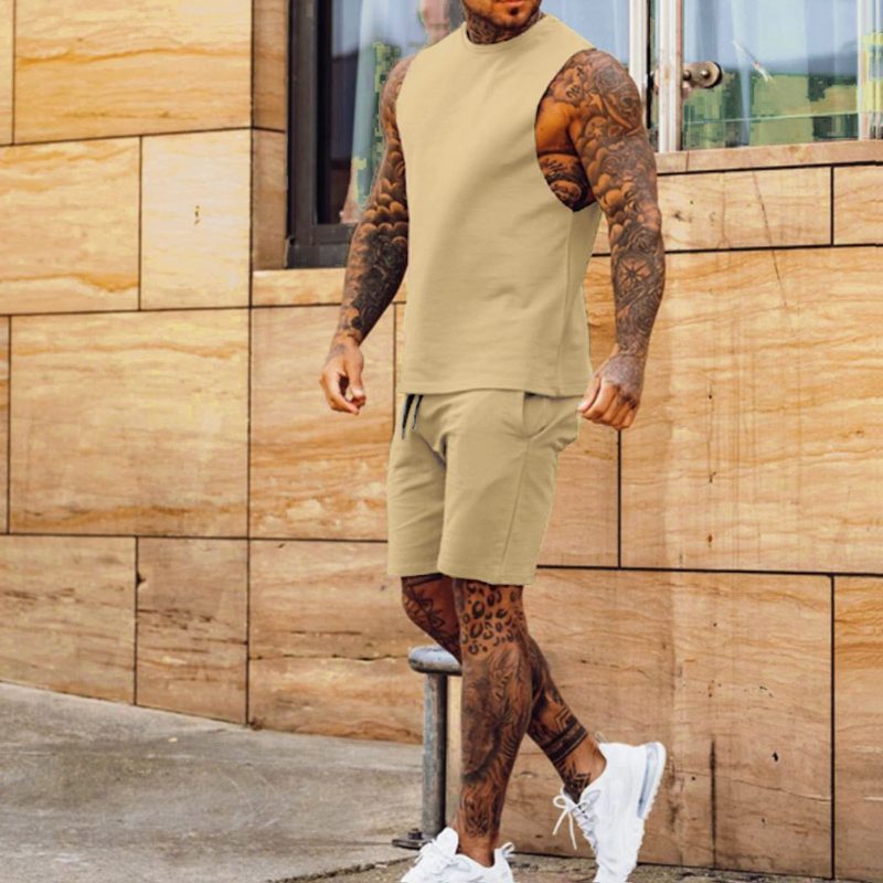 New Sportswear Men's Casual Thin Five Quarter Pants Sleeveless Top Solid Color Camelback Shorts Two-piece Set - Image 2