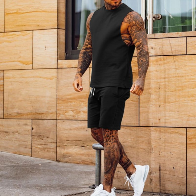 New Sportswear Men's Casual Thin Five Quarter Pants Sleeveless Top Solid Color Camelback Shorts Two-piece Set - Image 3