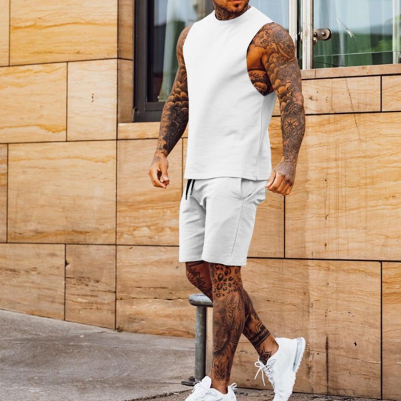 New Sportswear Men's Casual Thin Five Quarter Pants Sleeveless Top Solid Color Camelback Shorts Two-piece Set - Image 4