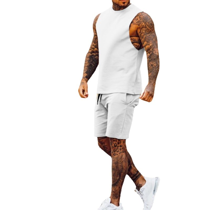New Sportswear Men's Casual Thin Five Quarter Pants Sleeveless Top Solid Color Camelback Shorts Two-piece Set - Image 5