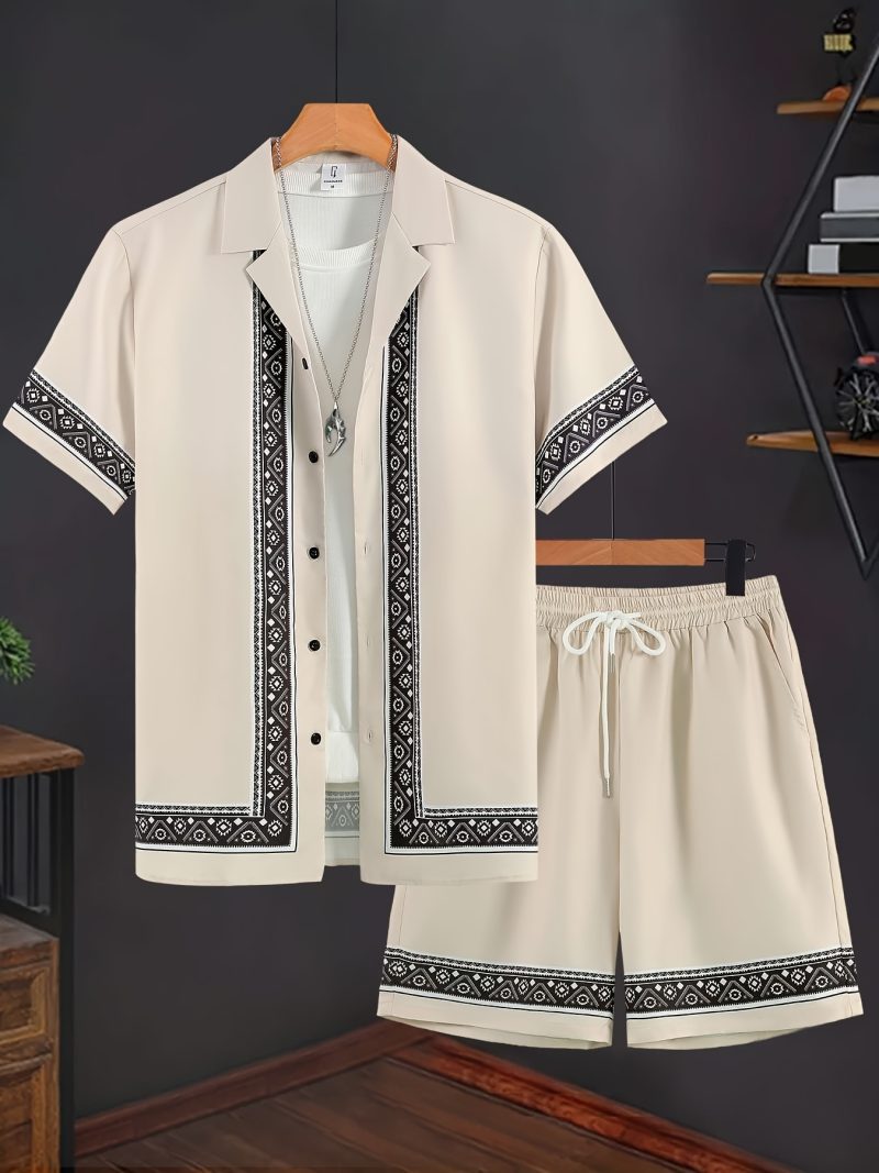 Ethnic Style Men's 2pcs Set Geometric Print Casual Outfits Short Sleeve Button Lapel Shirt Drawstring Shorts Summer Fashion Suit - Image 2