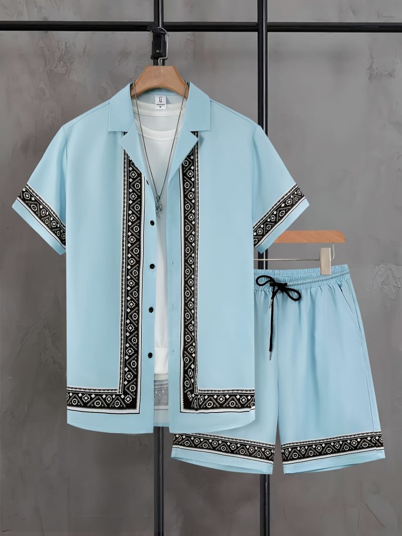 Ethnic Style Men's 2pcs Set Geometric Print Casual Outfits Short Sleeve Button Lapel Shirt Drawstring Shorts Summer Fashion Suit - Image 3
