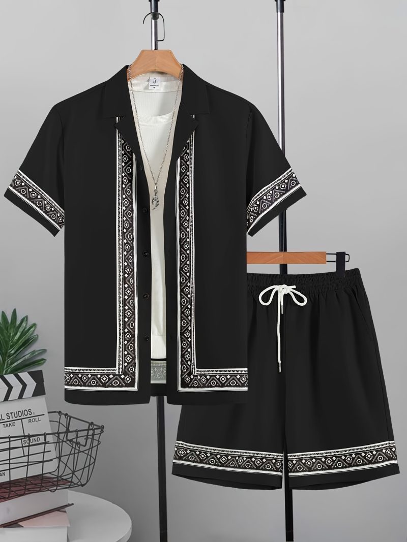Ethnic Style Men's 2pcs Set Geometric Print Casual Outfits Short Sleeve Button Lapel Shirt Drawstring Shorts Summer Fashion Suit - Image 4