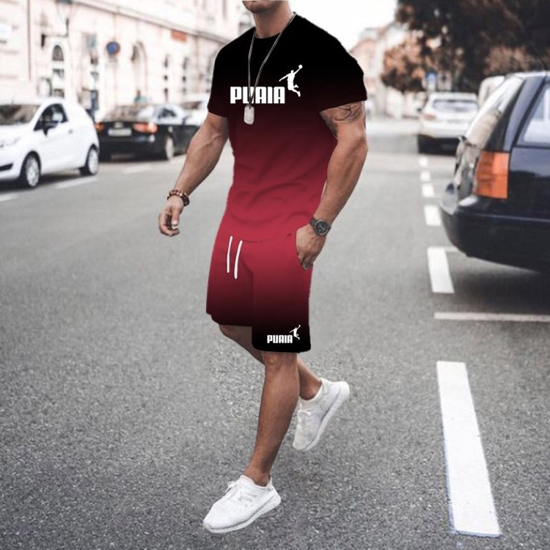 Summer hot sale men's 3D men's gradient suit fashionable casual men's short-sleeved T-shirt + shorts two-piece sportswear set
