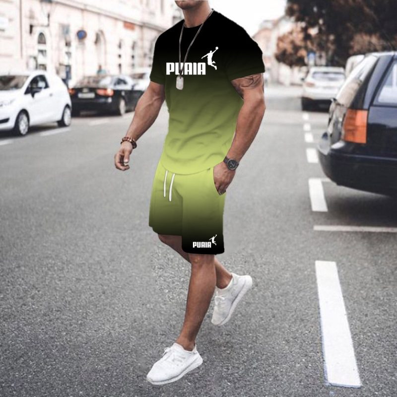 Summer hot sale men's 3D men's gradient suit fashionable casual men's short-sleeved T-shirt + shorts two-piece sportswear set - Image 2