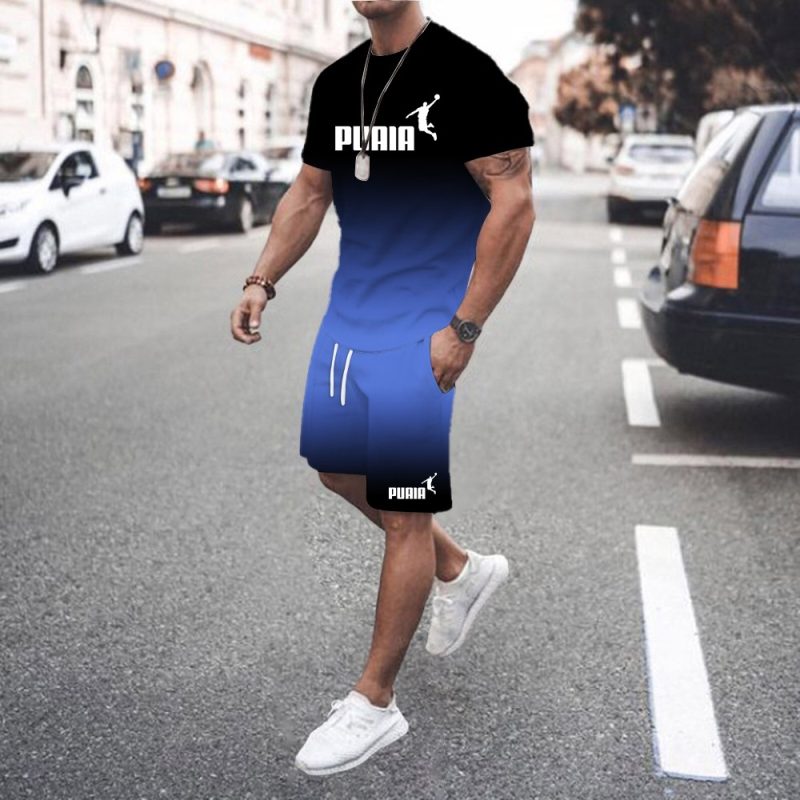 Summer hot sale men's 3D men's gradient suit fashionable casual men's short-sleeved T-shirt + shorts two-piece sportswear set - Image 4