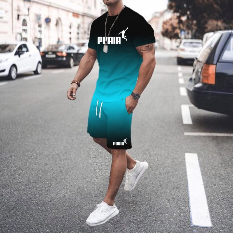 Summer hot sale men's 3D men's gradient suit fashionable casual men's short-sleeved T-shirt + shorts two-piece sportswear set - Image 6