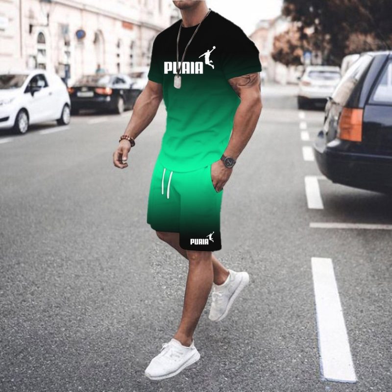 Summer hot sale men's 3D men's gradient suit fashionable casual men's short-sleeved T-shirt + shorts two-piece sportswear set - Image 7