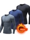Winter Fleece Tees Compression Thermal Underwear Warm Mens Skiing Sports Tops Long Sleeve Solid Running T-Shirts