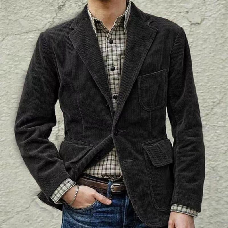 Men Coat Retro Solid Color Corduroy Lapel Long Sleeve Blazers Single Breasted Casual Suit Jacket Pockets Loose Business Outwear - Image 2