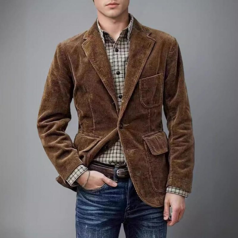Men Coat Retro Solid Color Corduroy Lapel Long Sleeve Blazers Single Breasted Casual Suit Jacket Pockets Loose Business Outwear - Image 3