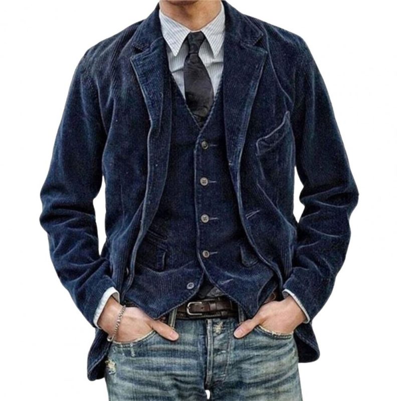 Men Coat Retro Solid Color Corduroy Lapel Long Sleeve Blazers Single Breasted Casual Suit Jacket Pockets Loose Business Outwear - Image 4