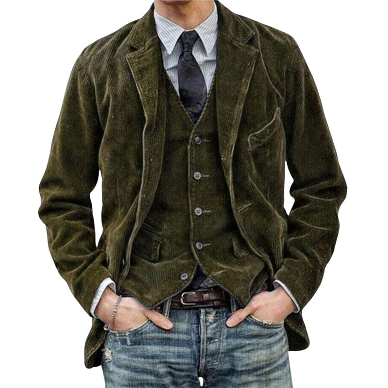 Men Coat Retro Solid Color Corduroy Lapel Long Sleeve Blazers Single Breasted Casual Suit Jacket Pockets Loose Business Outwear - Image 5