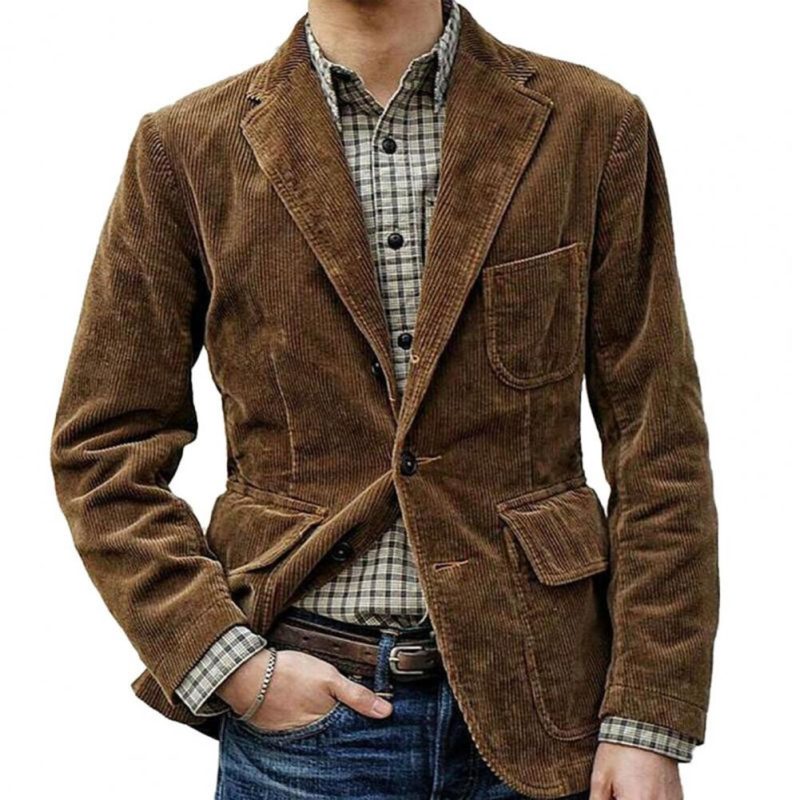 Men Coat Retro Solid Color Corduroy Lapel Long Sleeve Blazers Single Breasted Casual Suit Jacket Pockets Loose Business Outwear - Image 8