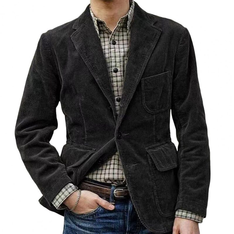 Men Coat Retro Solid Color Corduroy Lapel Long Sleeve Blazers Single Breasted Casual Suit Jacket Pockets Loose Business Outwear - Image 12