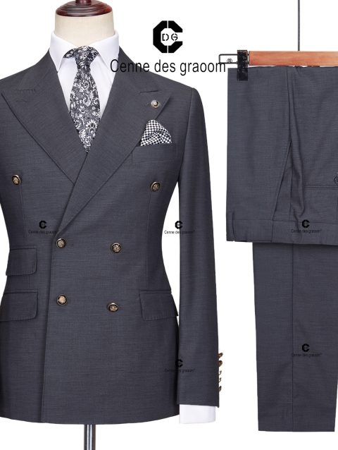 Cenne Des Graoom 2023 New Elegant Suits For Men Grey Double Breasted Two Pieces Set Slim Fit High Quality Wedding Party Costume