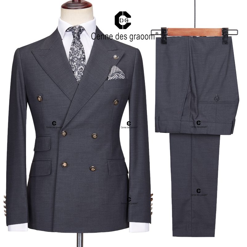 Cenne Des Graoom 2023 New Elegant Suits For Men Grey Double Breasted Two Pieces Set Slim Fit High Quality Wedding Party Costume