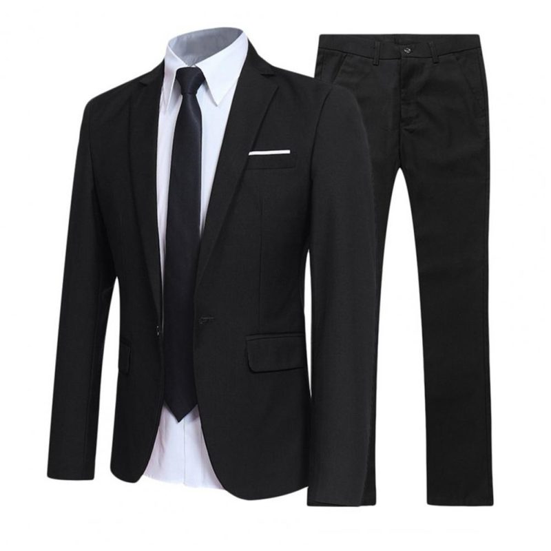 1 Set Men Jacket Pants Solid Color Turndown Collar Slim Fit Business Suit Set Groom Trousers for Wedding Office