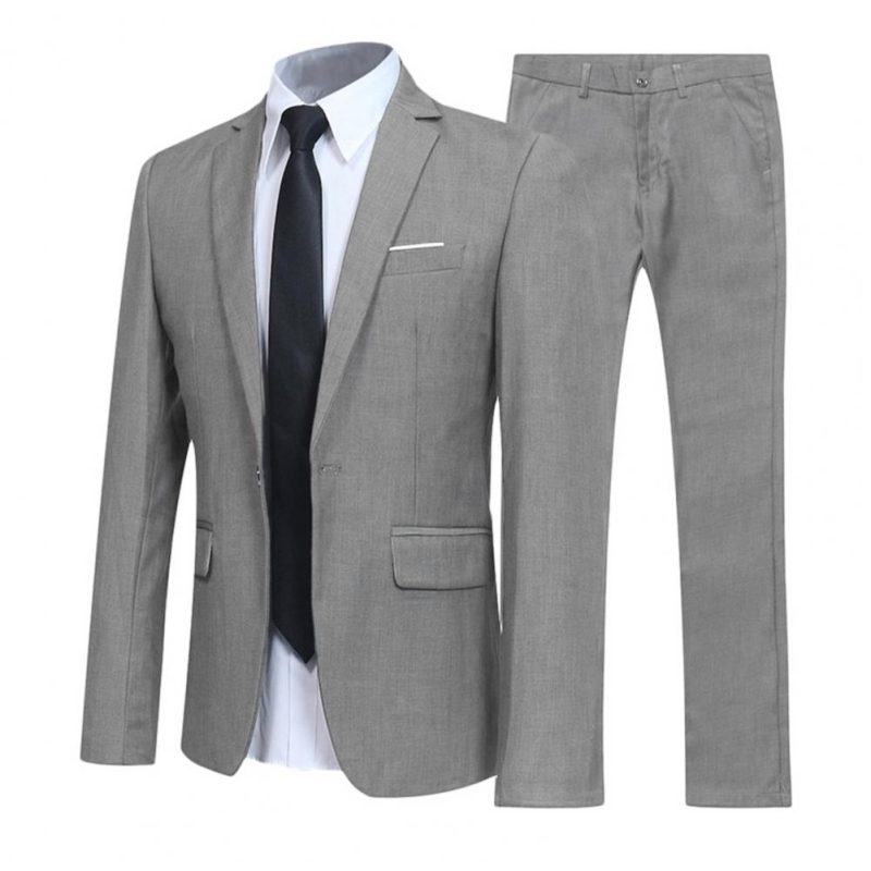 1 Set Men Jacket Pants Solid Color Turndown Collar Slim Fit Business Suit Set Groom Trousers for Wedding Office - Image 2
