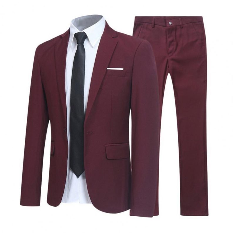 1 Set Men Jacket Pants Solid Color Turndown Collar Slim Fit Business Suit Set Groom Trousers for Wedding Office - Image 3