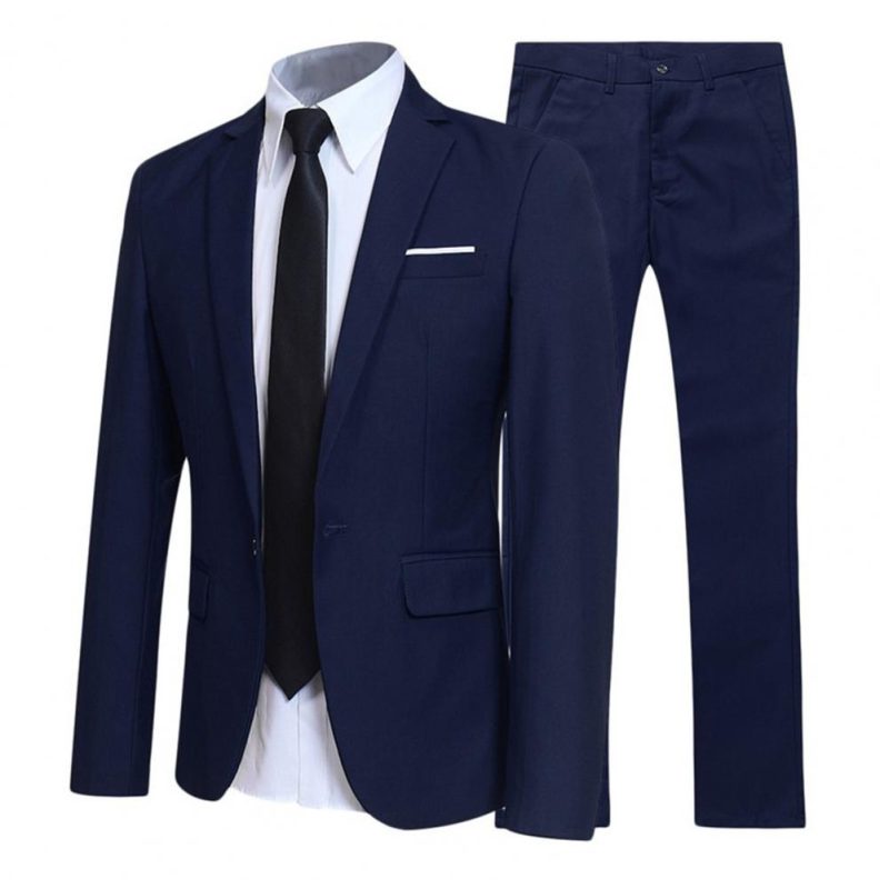 1 Set Men Jacket Pants Solid Color Turndown Collar Slim Fit Business Suit Set Groom Trousers for Wedding Office - Image 4