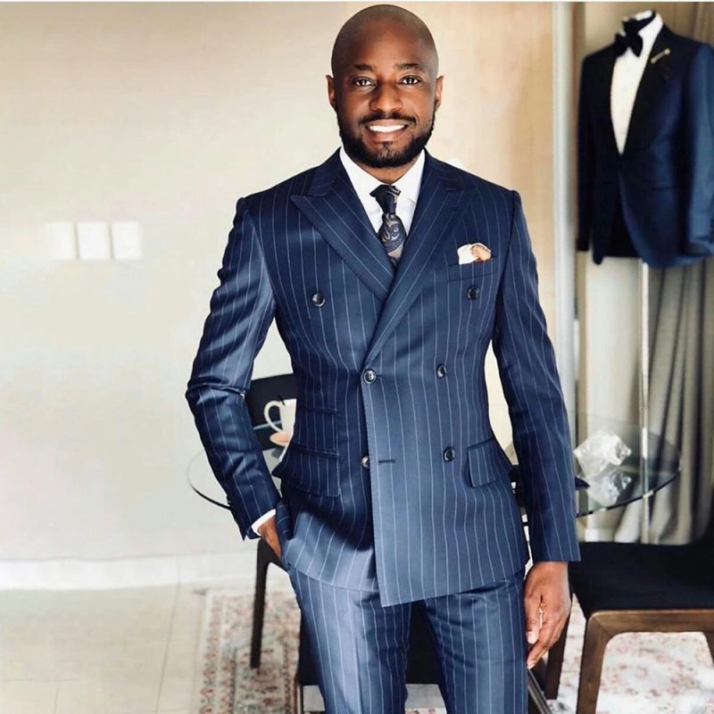 New Arrival Blue Striped Male Suit Formal Casual Wedding 2 Pieces Business Peak Lapel Double Breasted Blazer with Pants - Image 2
