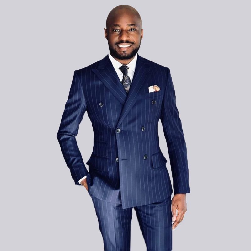 New Arrival Blue Striped Male Suit Formal Casual Wedding 2 Pieces Business Peak Lapel Double Breasted Blazer with Pants - Image 3