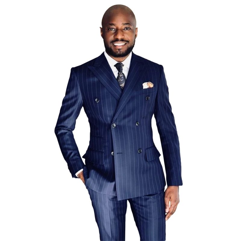 New Arrival Blue Striped Male Suit Formal Casual Wedding 2 Pieces Business Peak Lapel Double Breasted Blazer with Pants - Image 4