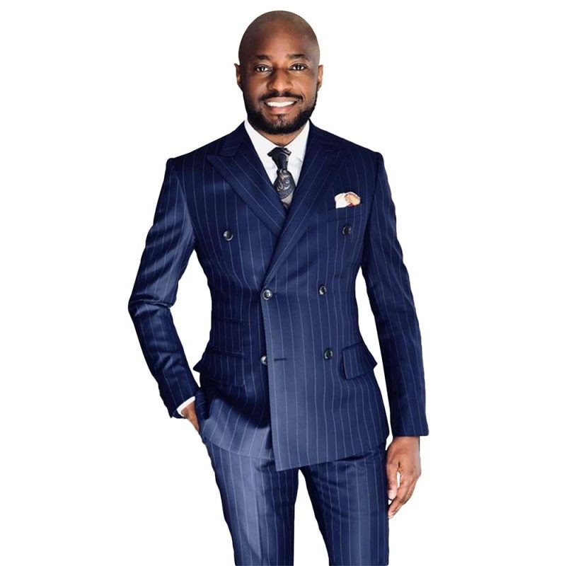 New Arrival Blue Striped Male Suit Formal Casual Wedding 2 Pieces Business Peak Lapel Double Breasted Blazer with Pants - Image 7