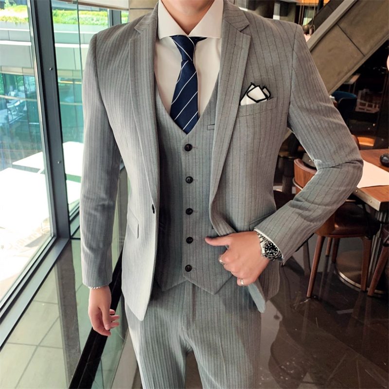 Gray Men Classic Striped/Checked Suits, Business Office 3 Piece, Asian Size Slim Fit Men Dress Jacket & Pants with Vest, S-4XL - Image 16