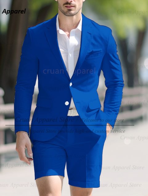 Fashion Men Classic Royal Blue Suit Set Birthday Banquet High Quality Outfits Casual Party Stylish Solid Blazer Short Pants 2Pcs