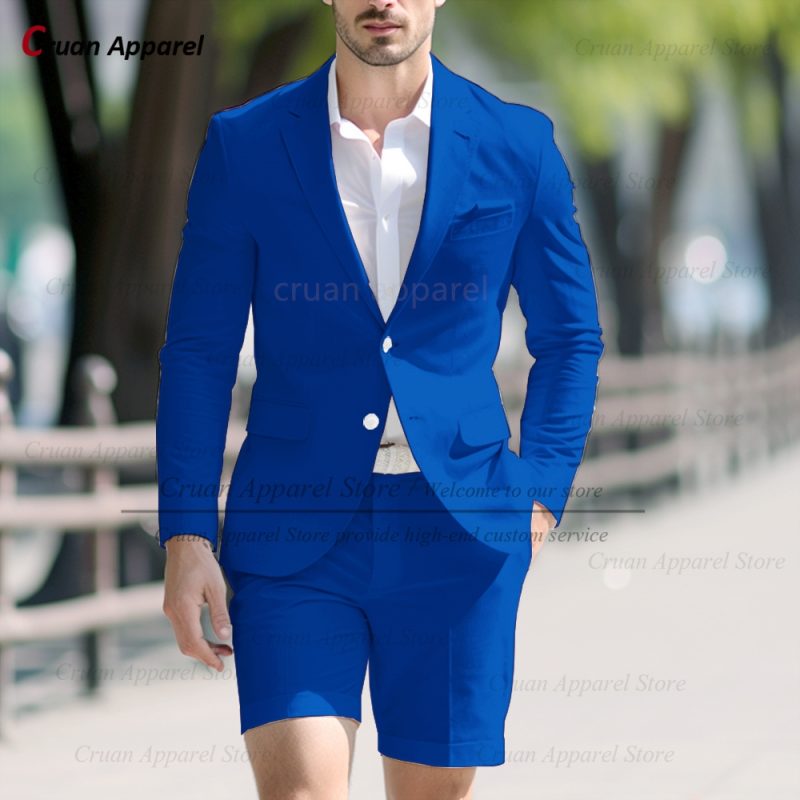 Fashion Men Classic Royal Blue Suit Set Birthday Banquet High Quality Outfits Casual Party Stylish Solid Blazer Short Pants 2Pcs