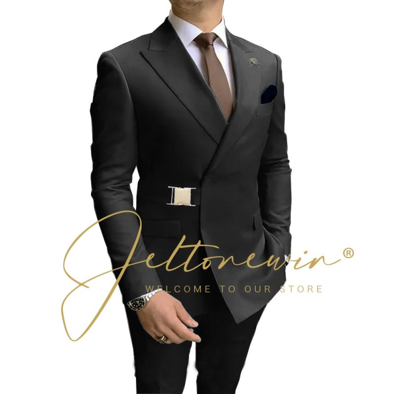 Navy Blue Men Suits Wedding Groom Tuxedos 2 Pieces Formal Blazer Peaked Lapel Double Breasted Prom Suits (Jacket+Pants) - Image 3
