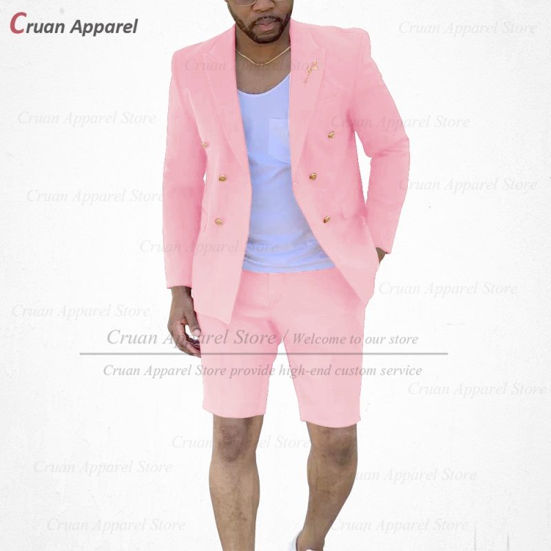 Fashion Red Suits for Men Casual Double Breasted Jacket with Shorts 2 Pieces Set Beach Prom Wedding Tuxedos for Groom Groomsmen