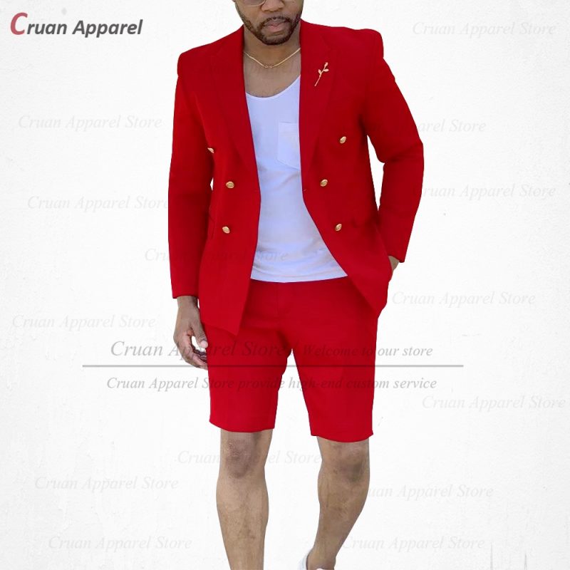 Fashion Red Suits for Men Casual Double Breasted Jacket with Shorts 2 Pieces Set Beach Prom Wedding Tuxedos for Groom Groomsmen - Image 3