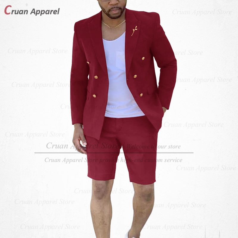 Fashion Red Suits for Men Casual Double Breasted Jacket with Shorts 2 Pieces Set Beach Prom Wedding Tuxedos for Groom Groomsmen - Image 23