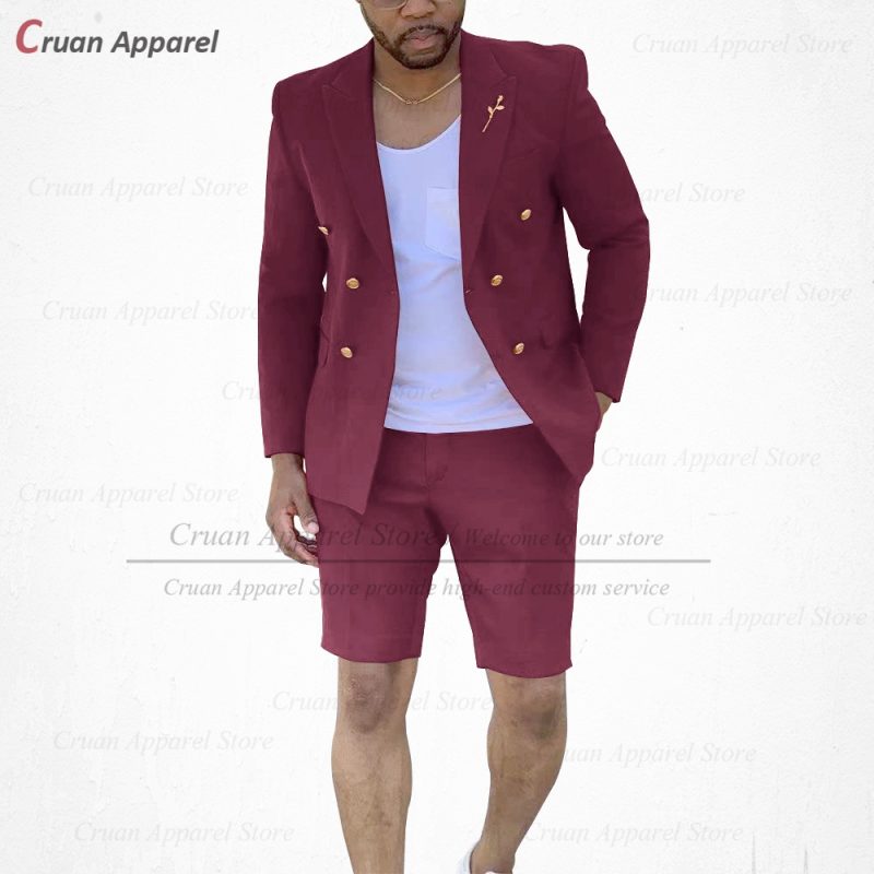 Fashion Red Suits for Men Casual Double Breasted Jacket with Shorts 2 Pieces Set Beach Prom Wedding Tuxedos for Groom Groomsmen - Image 26