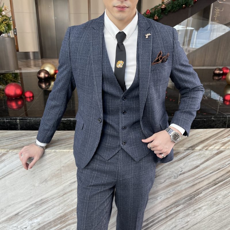High Quality British Korean Modified Plaid Men (suit + Vest + Trousers) Stylish and Handsome Business Casual Three-piece Suit - Image 2
