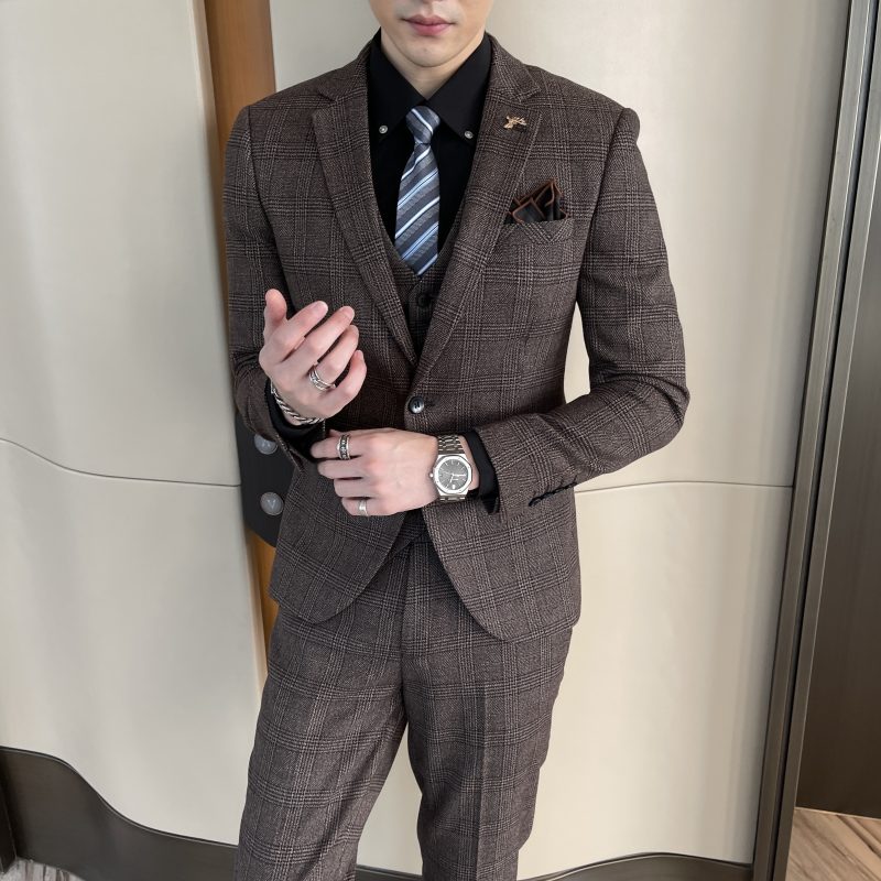 High Quality British Korean Modified Plaid Men (suit + Vest + Trousers) Stylish and Handsome Business Casual Three-piece Suit - Image 3