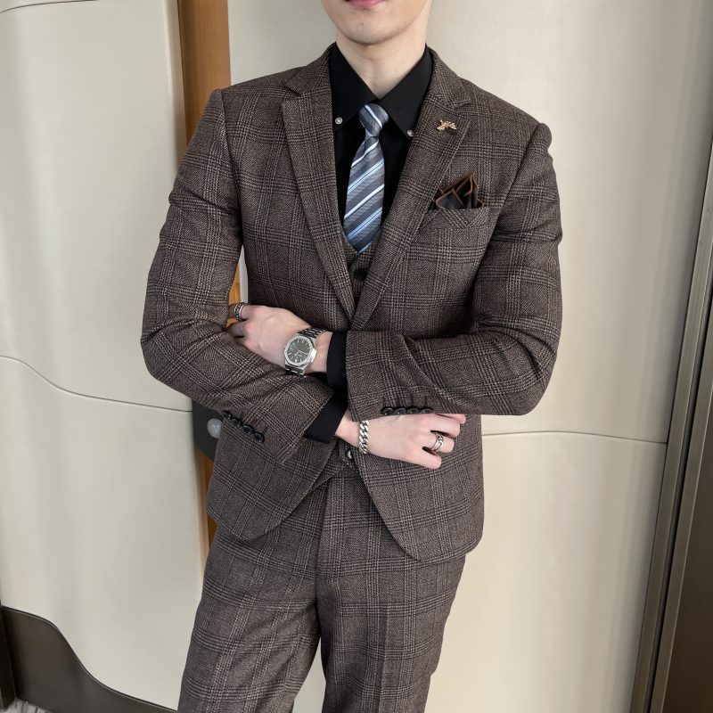 High Quality British Korean Modified Plaid Men (suit + Vest + Trousers) Stylish and Handsome Business Casual Three-piece Suit - Image 4