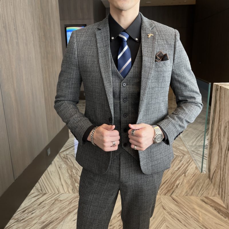 High Quality British Korean Modified Plaid Men (suit + Vest + Trousers) Stylish and Handsome Business Casual Three-piece Suit - Image 5
