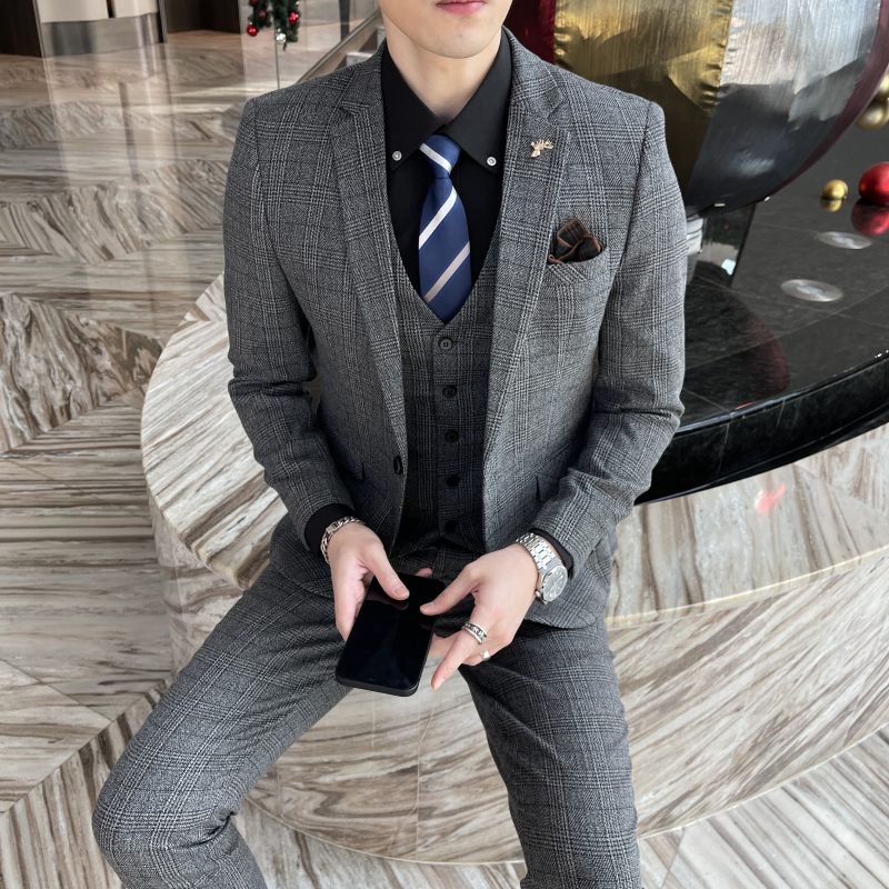 High Quality British Korean Modified Plaid Men (suit + Vest + Trousers) Stylish and Handsome Business Casual Three-piece Suit - Image 7