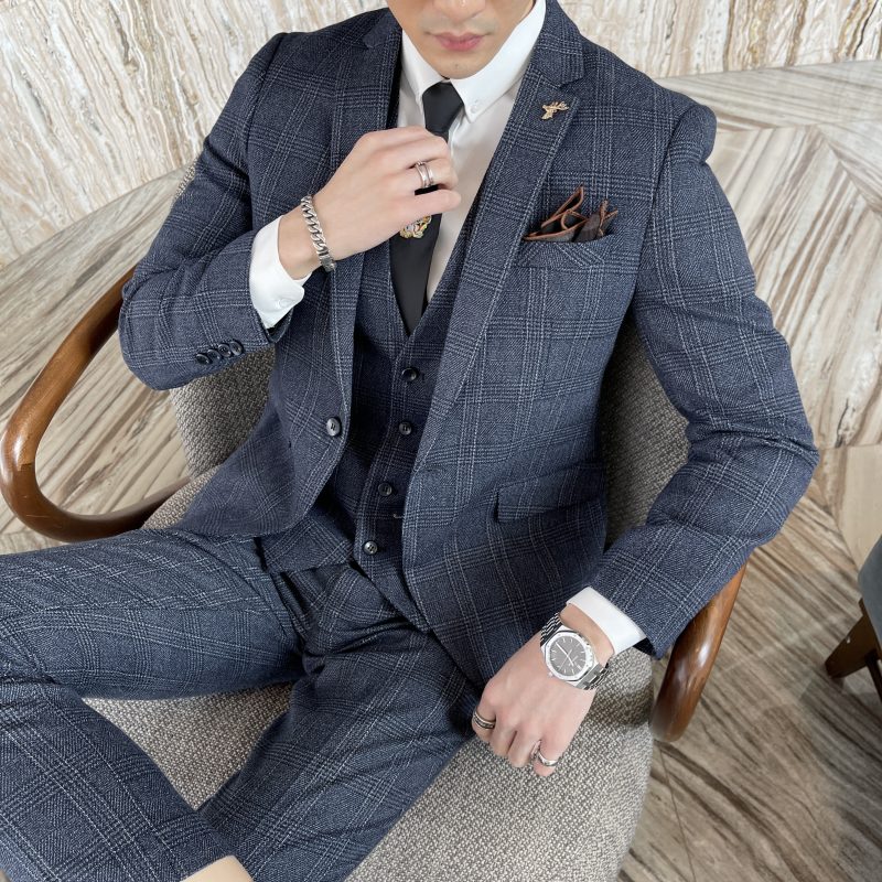 High Quality British Korean Modified Plaid Men (suit + Vest + Trousers) Stylish and Handsome Business Casual Three-piece Suit - Image 8