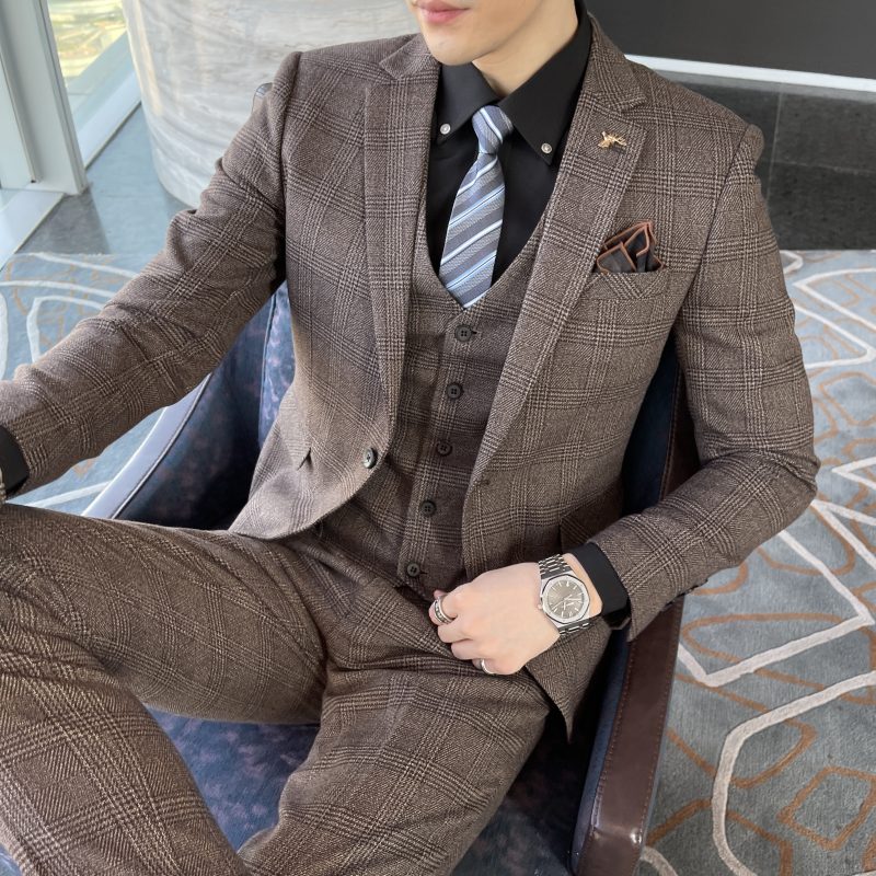 High Quality British Korean Modified Plaid Men (suit + Vest + Trousers) Stylish and Handsome Business Casual Three-piece Suit - Image 9