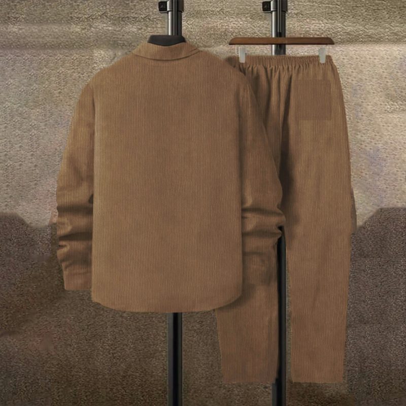 Men's suit Solid color corduroy suit Long sleeve shirt and pants casual suit - Image 2